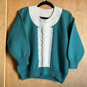 3/4 length sleeve beautiful hand made sweater in teal and cream